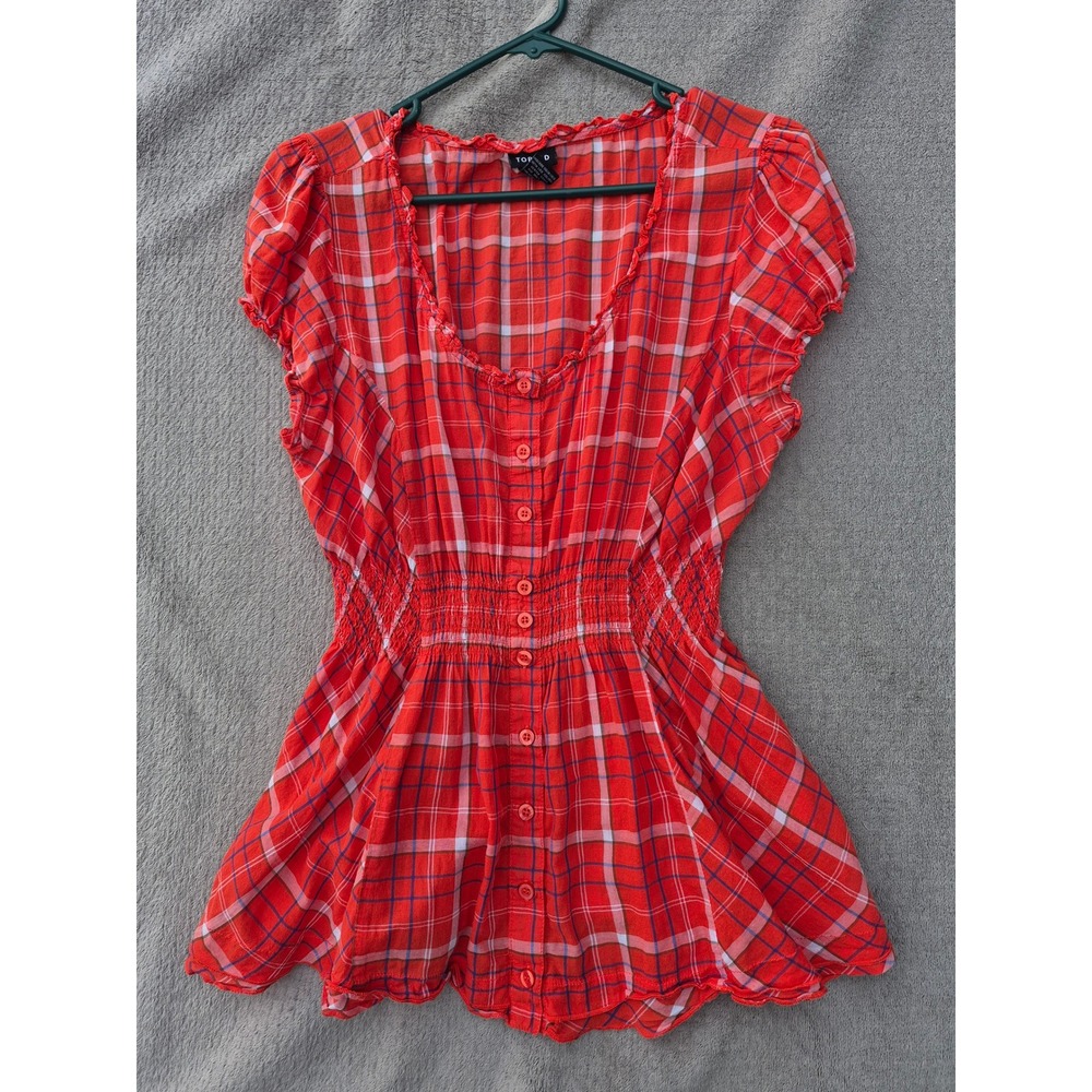 Torrid Womens Red Plaid Smocked Waist Babydoll Top Short Puff Sleeve Size 1 Plus